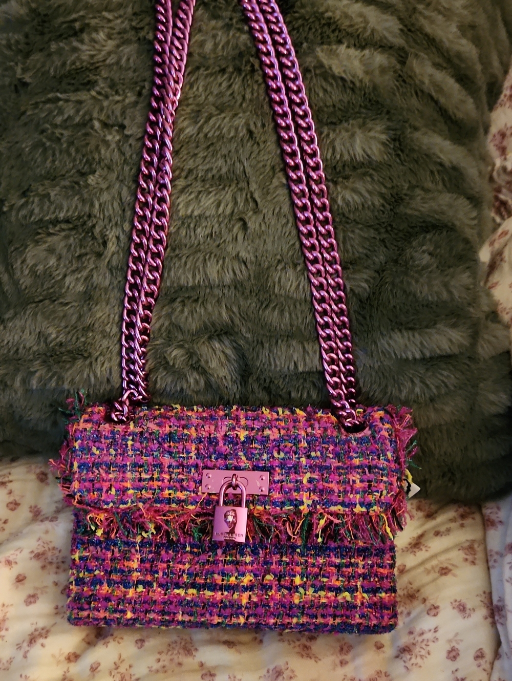 Kurt Geiger Purple Pink Multi Tweed Chain Shoulder Bag